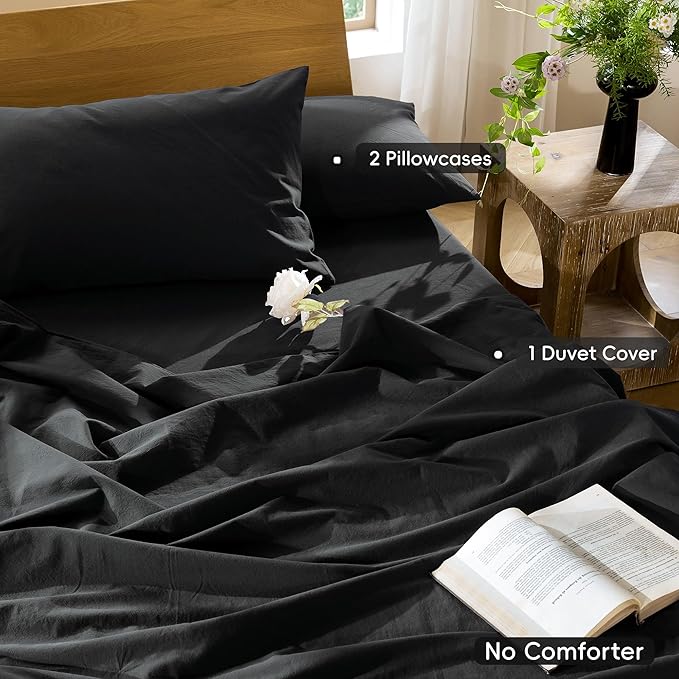 MooMee Bedding Duvet Cover Set 100% Washed Cotton Linen Like Textured Breathable Durable Soft Comfy (Solid Black, Oversized Queen 98"x98")