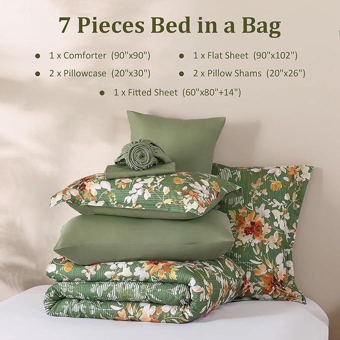 Dobuyly Queen Comforter Set, 7 Pieces Green Floral Comforter Set, Bed in a Bag Queen with Botanical Flowers Pattern, All Season Farmhouse Queen Size Bedding Set with Sheets, Pillowcases & Shams
