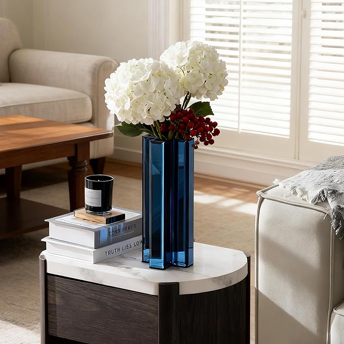 SHYFOY Blue Mirrored Vase - 12 Inch Tall Cross-Shaped Decorative Glass Flower Vases for Home Decor, Living Room Table Kitchen Fireplace Decor - Can’t Hold Water
