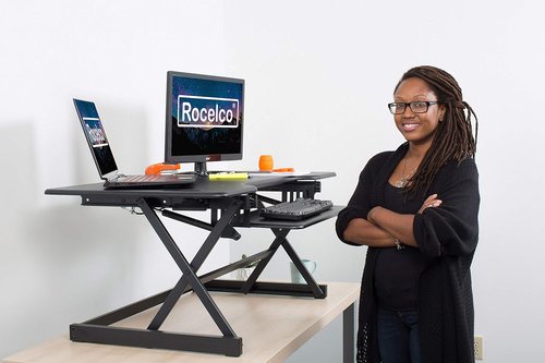 Rocelco 46" Large Height Adjustable Standing Desk Converter - Quick Sit-Stand Triple Monitor Riser | Black