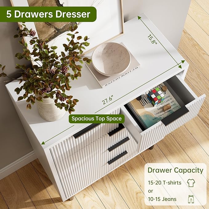 GarveeHome White Wave Fluted 5 Drawer Dresser for Bedroom, Modern Wood Chest of Drawers with Wide Drawers, Closet Dresser Organizer with Anti-Tipping Device and Metal Legs for Hallway Entryway