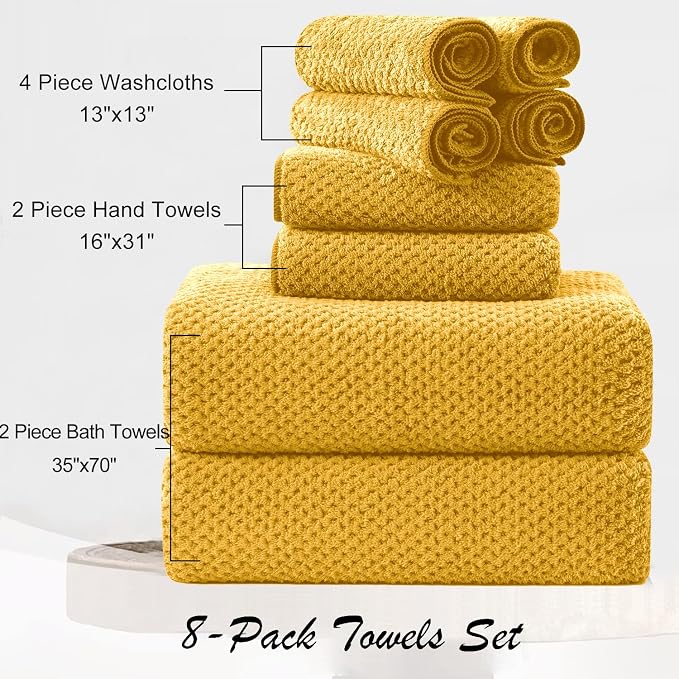 8 Piece Large Yellow Family Bath Towel Set-2 Oversized Bath Towel Sheets,2 Hand Towels,4 Washcloths-600GSM Soft Highly Absorbent Quick Dry Beach Chair Towels Woven Towels for Bathroom Hotel and Spa
