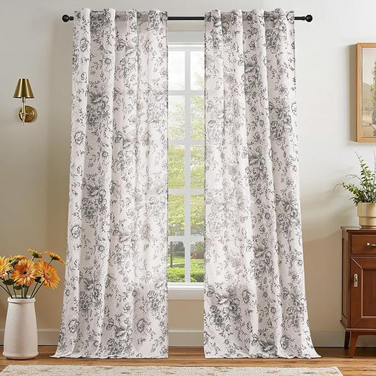 jinchan Linen Floral Curtains 96 Inch Length for Living Room Bedroom Light Filtering Farmhouse Peony Flower Drapes Rustic Window Curtain Set Rod Pocket Back Tab 2 Panels Black