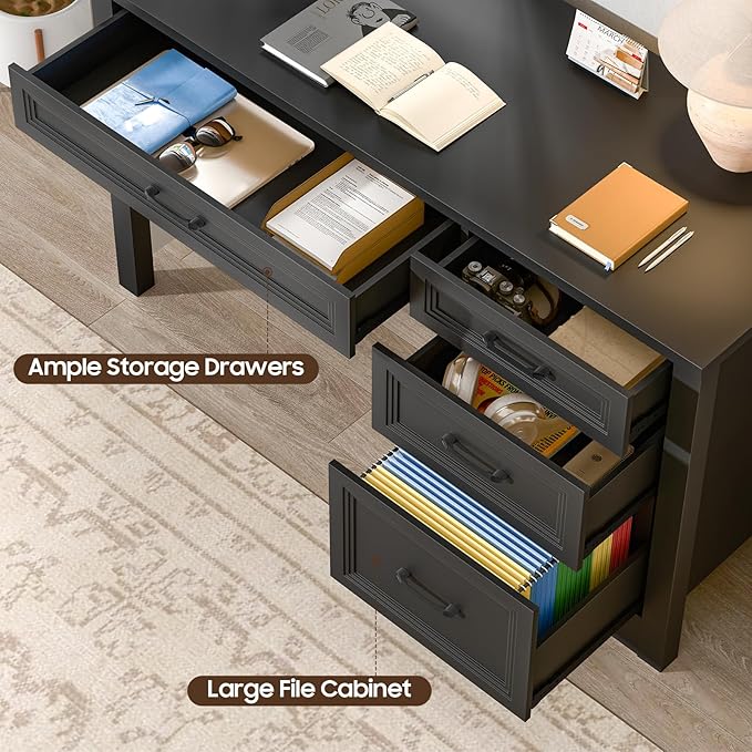 Vabches Farmhouse Executive Desk with Storage and Ample File Drawer, Rustic Large Home Writing Desk for Bedroom, Pure Black