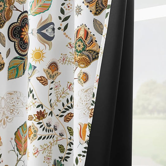 White Vintage Fancy Floral Patterned Blackout Curtains 63 Inch Length Shabby Chic Farmhouse Curtains for Bedroom Living Room Darkening Mid Century Colorful Grommet Black Out Drapes 2 Panels 52x63