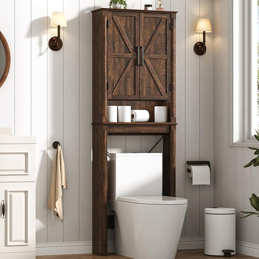 jiteentarou Farmhouse Bathroom Storage Cabinet,Over The Toilet Storage Cabinet with Roman Column Decor,Tall Over The Toilet Shelf with Barn Doors,Over Toilet Bathroom Organizer(Rustic Brown)