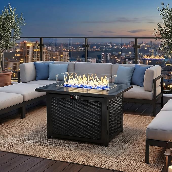 FansaFurn Black Propane Fire Pit Table, 50000 BTU Gas Fire Pits Table with Removable Lid and Lava Rock, Rectangular Fire Table with Cover, Ideal for Dining or Party on Patio, 43'', Garden, Yard