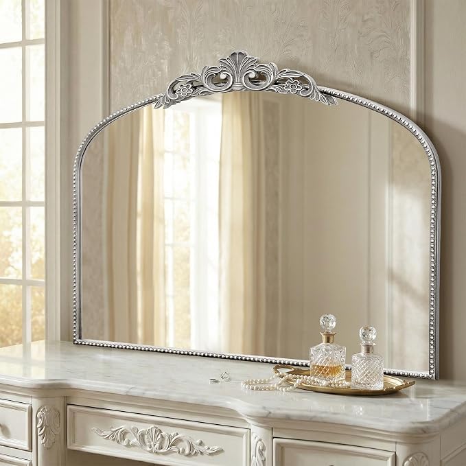 Micasso Large Vintage Silver Mirror: 40"x29" French Baroque Antique Arched Mirror - Traditional Ornate Decorative for Wall/Fireplace/Mantel/Entryway/Bathroom/Hallway - Home Decor for Living Room
