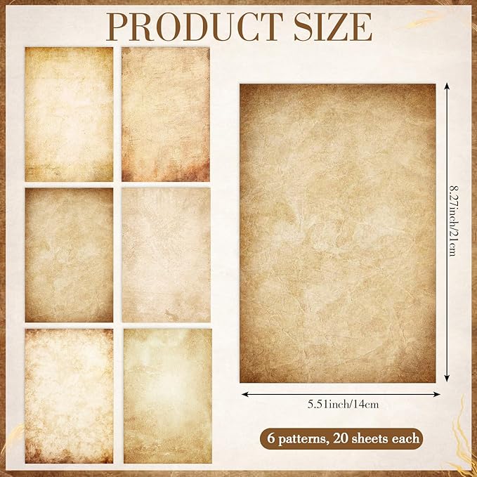 Supervitae 120 Pack Vintage Aged Stationery Paper, 8.27 x 5.51 Inch Double Sided Printing Old Antique Stationery Paper Decorative Letter Sheets for Writing Printing Crafts, 6 Designs