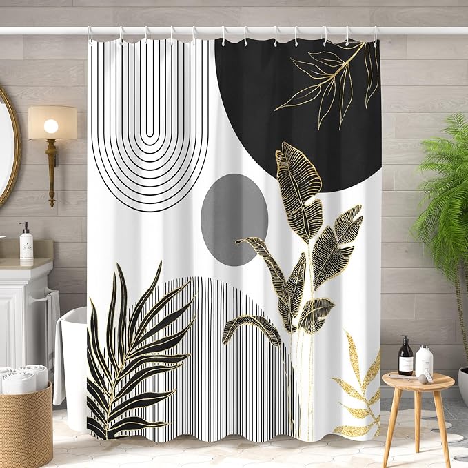 Mid Century Boho Shower Curtain, Abstract Modern Sun Minimalist Aesthetic Shower Curtain, Bohemian Geometric Arch Curve Leaves Neutral Art Fabric Bathroom Curtain Black 60x72 inch
