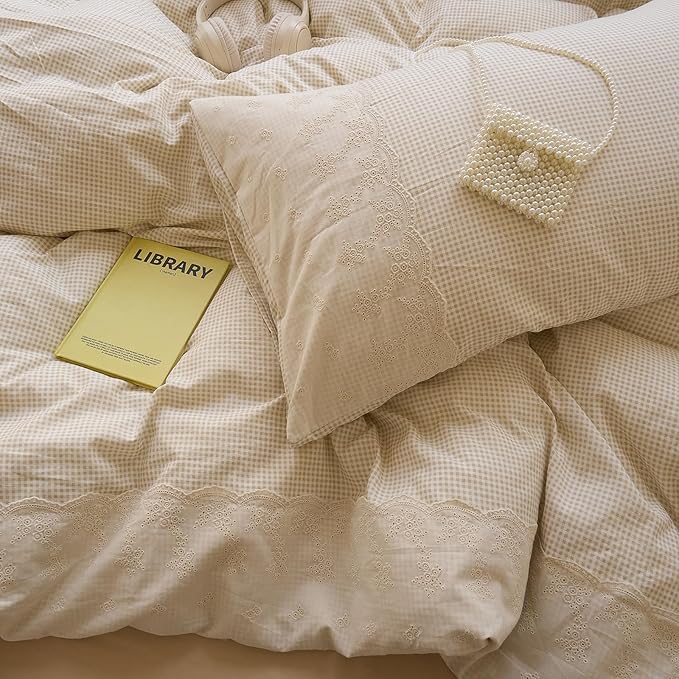 LifeTB Tan Gingham Comforter Set Full Romantic Lace Style Beige Taupe Plaid Comforter Set 3 Pieces Vintage Checkered Grid Comforter with 2 Pillowcases Fluffy Soft Farmhouse Gingham Bedding Set