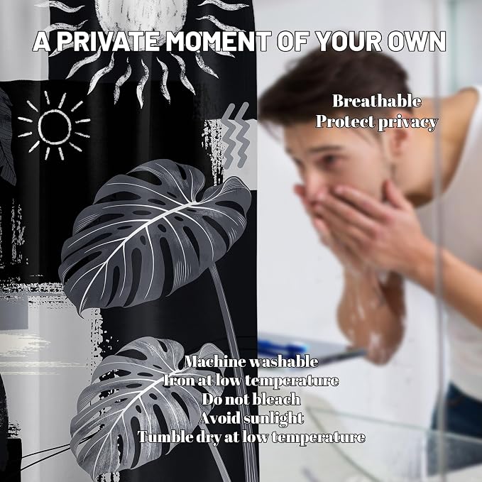 Black and Gray Mid Century Modern Shower Curtain Bohemian Abstract Dark Black and Grey Shower Curtains for Bathroom Decor Sets, Waterproof Cloth Fabric with Hooks, 70x78 Inch