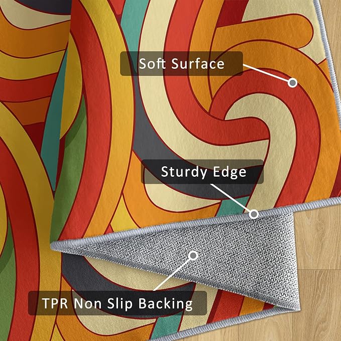 70s Retro Rug 5x8 Abstract Striped Groovy Hippie Pattern Area Rugs for Living Room, Bedroom, 70s Retro Home Decor Accessories Indoor Carpet, Non Slip & Machine Washable, GD0327
