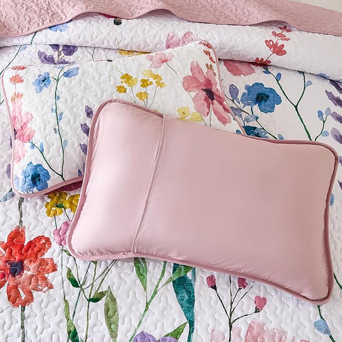 Anibedding King Quilt Set, Pink Floral Bedspread Soft Microfiber Lightweight King Size Quilt Bedding Sets Reversible Flower Coverlet for All Season(King, 104"x90")