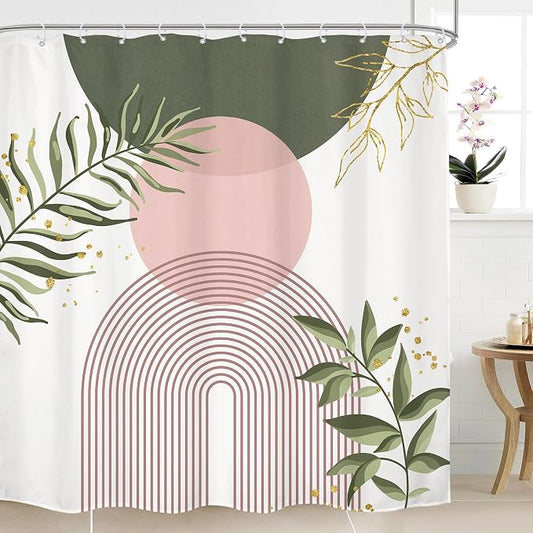 Green Pink Boho Shower Curtain 72Wx72H Modern Bohemian Abstract Sage Green Gold Leaves Plant Botanical Minimalist Bathroom Decor Geometric Neutral Bath Curtain Fabric Polyester 12 Pack Hooks