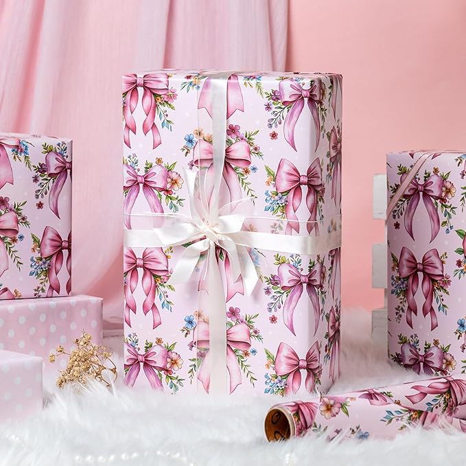 Burymento Pink Bow Flower Wrapping Paper, Reversible Wave Point Gift Wrap for Birthday, Valentines, Mothers day, Graduation, Wedding, Fathers day, Baby Shower, Christmas (17in x 16.4ft)
