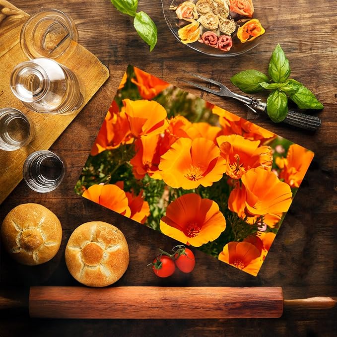 California Poppy Floral Pattern Flower Love Kitchen Glass Cutting Board Decorative Valentine's Mother's Day Gift For Her Flowers (Poppy)