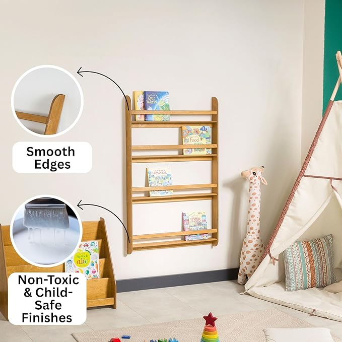 Montessori Wall-Mounted Bookshelf for Toddlers Toy Storage Shelf Organizer for Playroom and Classroom Floor Bookshelves for Kids Room (Oak, XL, 4)