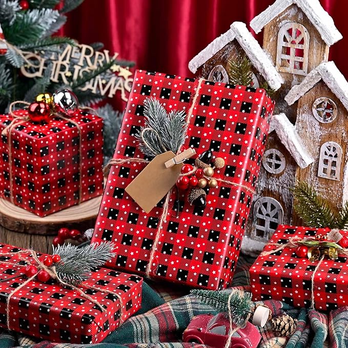 MAYPLUSS Wrapping Paper Roll 17in* 32.8 feet Red and Black Plaid with White Star for Christmas,Birthday,Party,Holiday,Vintage Wrapping Paper for all Occassions (TTL:46.8sqft)