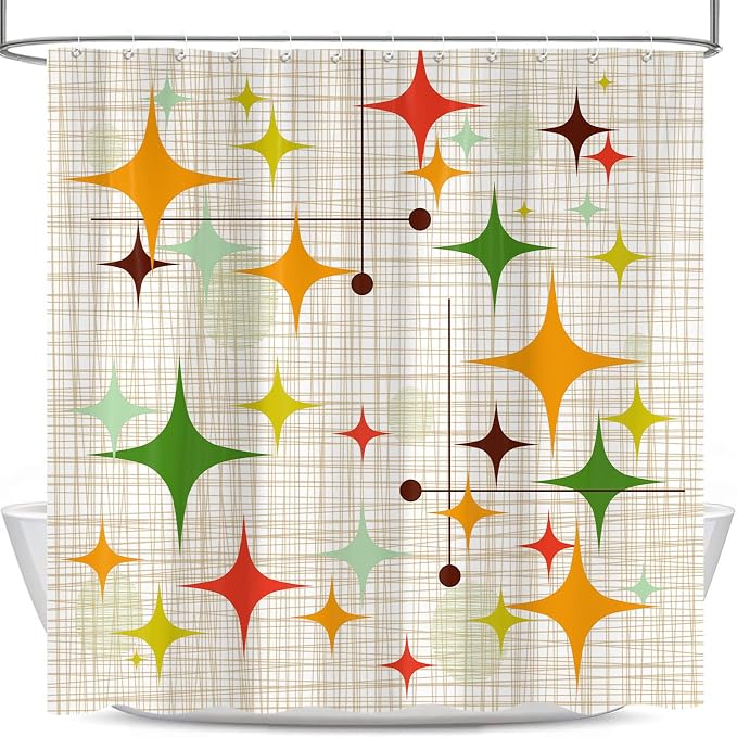 Mid Century Modern Shower Curtain, Retro Abstract Geometric Design Bath Curtains for Bathroom, Boho Colorful Unique Stars Pattern Decor Waterproof Fabric Shower Curtain Sets 12 Hooks 72X72 in