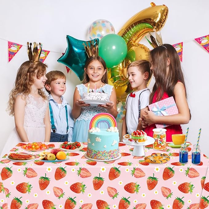 3 Pack Strawberry Tablecloths Strawberry Birthday Plastic Table Cover for Berry First Birthday Decor Baby Shower Party Decorations, 54 x 108 Inch