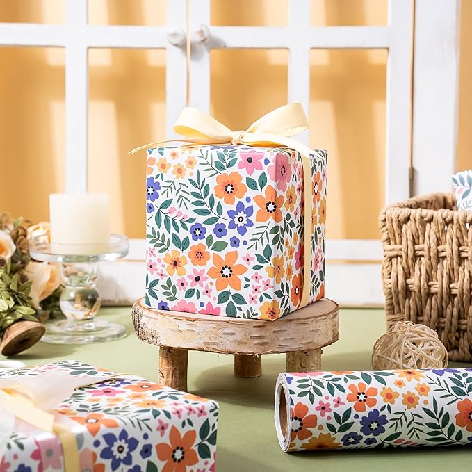 WRAPAHOLIC Kraft Floral Wrapping Paper Roll - Mini Roll - 17 Inch x 33 Feet - Ditsy Flower Wrapping Paper, Perfect for Wedding, Birthday, Bridal Shower, Tea Party