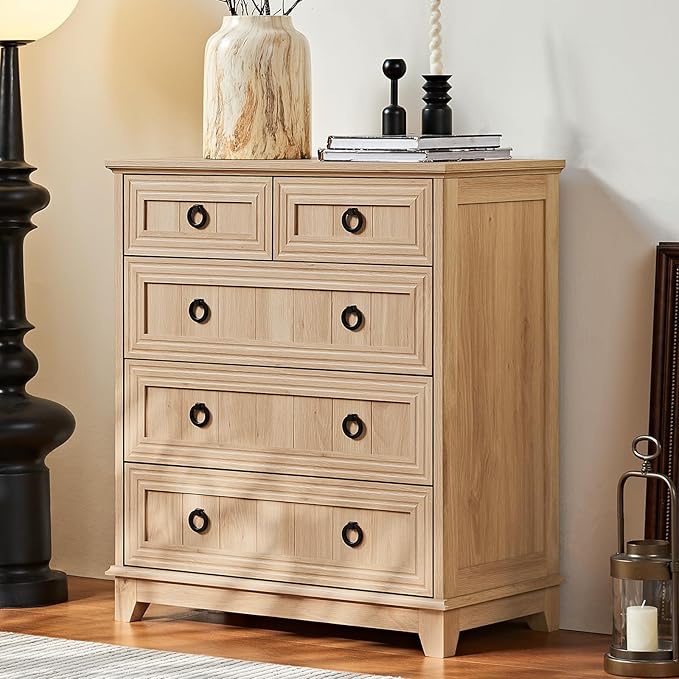 Farmhouse 5 Drawer Dresser for Bedroom Set of 2, 33.2" Tall Small Dressers & Chest of Drawers, Rustic Wood Dresser with Metal Handle, Storage Organizer Closet for Living Room, Hallway,Entryway