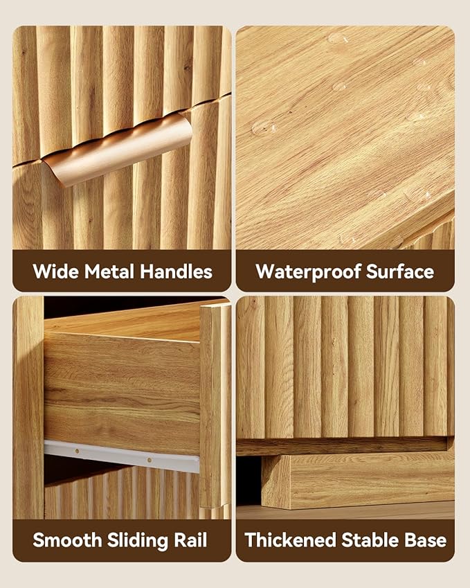 Fluted 6 Drawer Dresser for Bedroom, 54" Wide Chest of Drawers with Metal Handle, Modern Storage Dressers Organizer for Living Room, Hallway, Natural