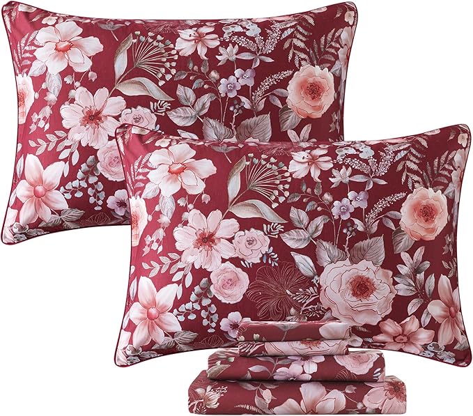 FADFAY Floral Sheets Set King Vintage Red Floral Bedding Shabby Pink Rose Elegant Peony Sheets Rustic Farmhouse Bedding 800 Thread Count 100% Egyptian Cotton Deep Pocket Fitted Sheet 4Pcs, King Size