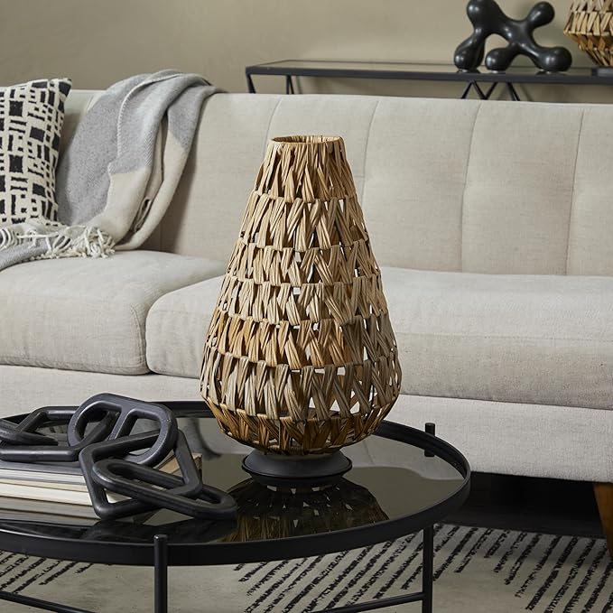 Deco 79 Plastic Rattan Handmade Decorative Candle Lantern with Wrapped Zig Zag Design, 11" x 11" x 19", Light Brown