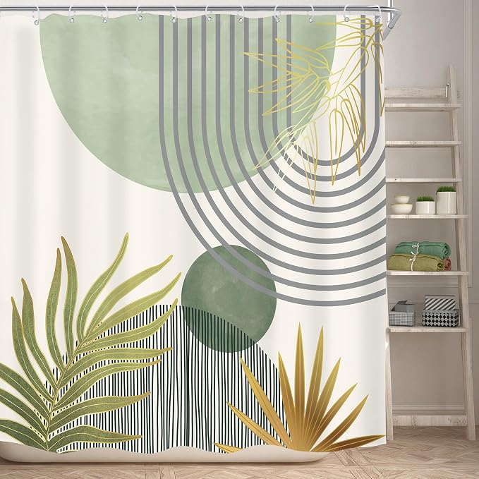 KOMLLEX Mid Century Mint Green Boho Shower Curtain 72Wx72L Inches Abstract Modern Shower Curtains for Bathroom Decor Plant Botanical Minimalist Arch Sun Fabric Liner Waterproof Polyester 12 Pack Hooks