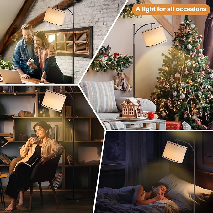 Ambimall 60" Floor Lamp for Living Room with 3 Color Temperatures, Beige Lampshade with Black Stripes, Tall Lamp for Bedroom Office, 9W Bulb Included