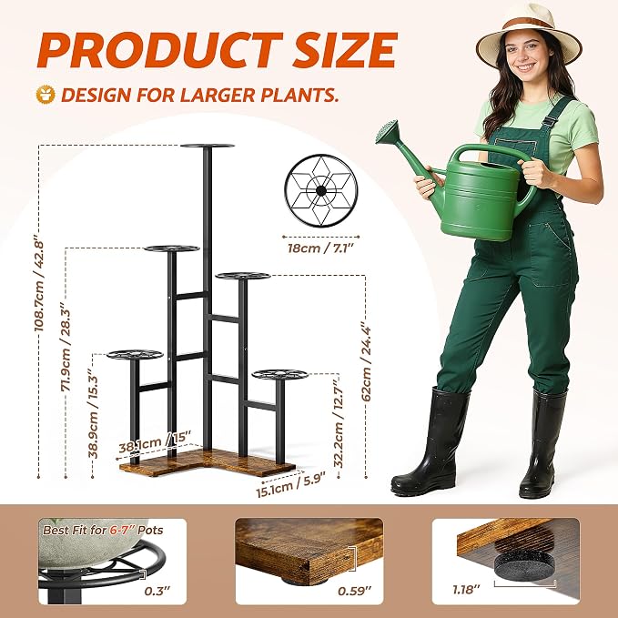 5 Tiered Corner Plant Stand Tall Indoor, Metal Plant Stand Outdoor for Multiple Plants, Flower Pot Holder Shelf Planter for Patio Garden, Living Room, Bedroom, Office - BlackDiamond