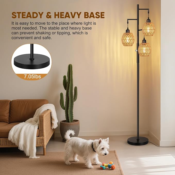 ROTTOGOON Dimmable Boho Floor Lamp - 3 Light Farmhouse Rattan Floor Lamps for Living Room, Tree Floor Lamps with Bohemian lampshades, Rustic Standing Tall Lamps for Bedroom, Office, 68", 6W, Black