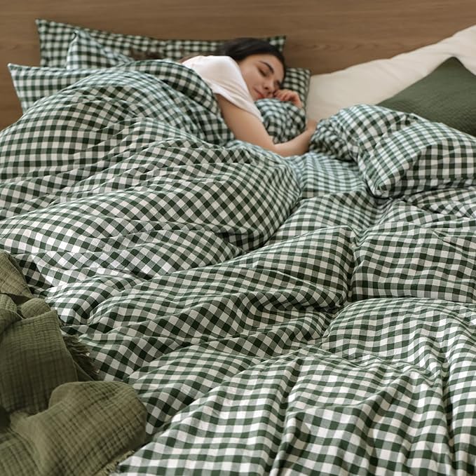 MooMee Gingham Duvet Cover Set 100% Washed Cotton Linen Like Textured Breathable Durable Soft Comfy Modern Checkered Design (Forest Green Gingham, Cal King 104"x98")