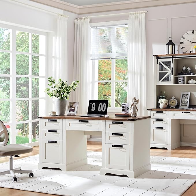 RedLemon 60" Farmhouse Executive Desk, Home Office Desk with Drawers, Charging Station, Keyboard Tray, File Drawer, Storage Cabinet, Wood Rustic Computer Writing Desk (Antique White)