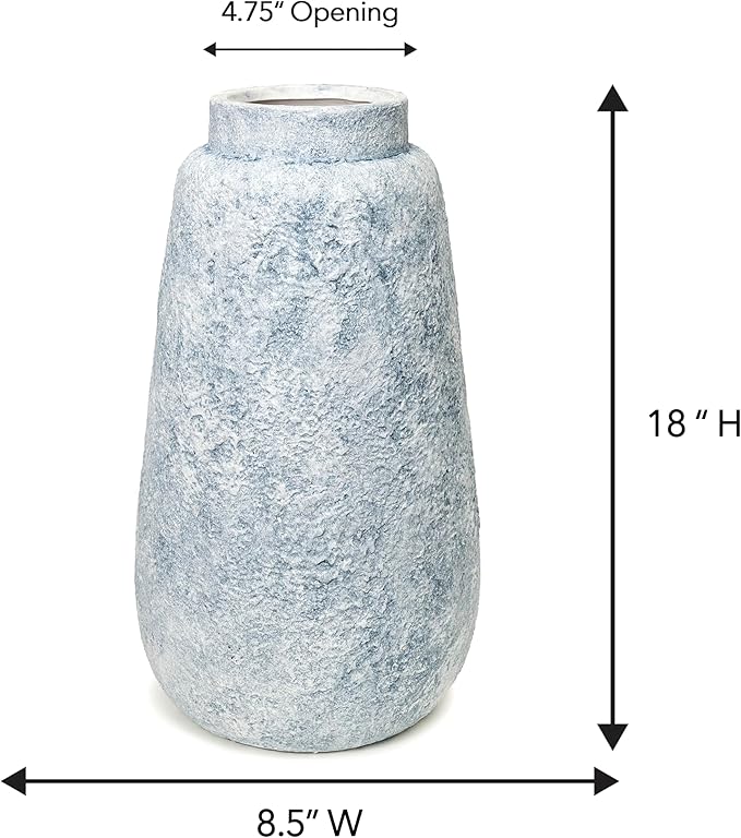 Blue Marble Effect Ceramic Vase-Textured Stone Finish Flower Holder-Modern Decorative Vase-Coastal Home Accent-Distressed Pottery-Tall Elegant Centerpiece [18" W X 8.5" H]