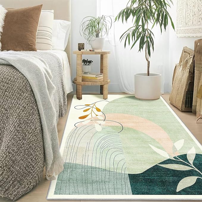 MUJOO 3x5 Washable Rugs,Boho Large Area Rug for Entryway Kitchen Entry Bedroom Bedside Foyer,Small Throw Carpet Indoor Non Slip Mid Century Modern Abstract Botanical Geometric Accent Green
