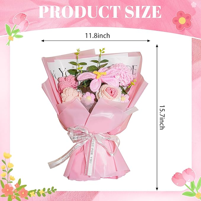 Crochet Flowers Bouquet 8PCS, Handmade Knitted Artificial Crochet Flower Gifts - Tulips Roses Daisies Carnations, Preserved Flowers for Mother's Day Valentine's Day Birthday Home Decor- Pink (Pink)