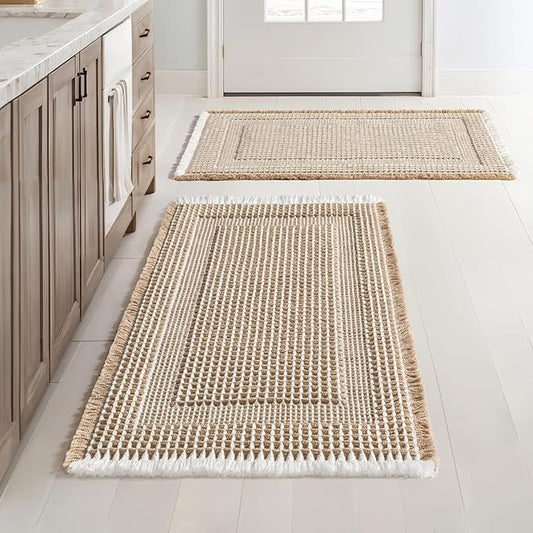 MIULEE Set of 2 Waffle Bathroom Rugs, Boho Bath Rug Super Absorbent, Non Slip Washable Ultra Soft Rubber Backed Beige Bath Mats for Floor, Tub, Shower, Looped Design, Brown & Cream, 18x30 Inch
