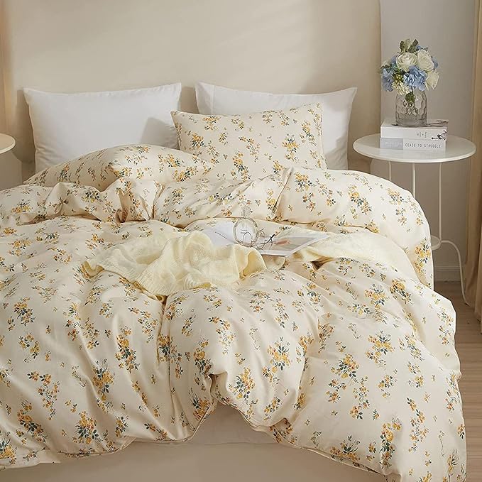 HighBuy French Botanical Comforter Set Full Yellow Floral Printed Bedding Comforter Set with 2 Pillowcases for Full Bed Set 3 Piece Fluffy Comfy Comforter Sets Cute Floral Luxury Soft