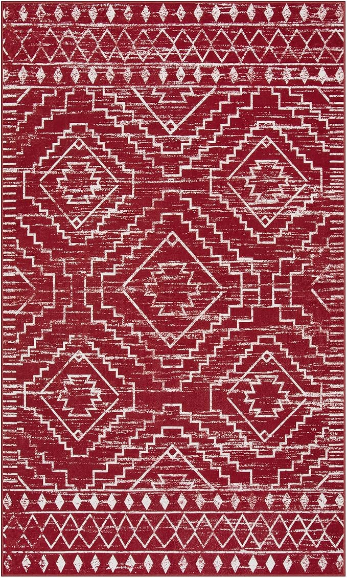 Wonnitar Moroccan Washable 3x5 Rug for Living Room, Non-Slip Chrisrmas Rug for Entryway, Low Pile Soft Farmhouse Area Rug for Bedroom Entry Kitchen Basement (Red,3'x5')