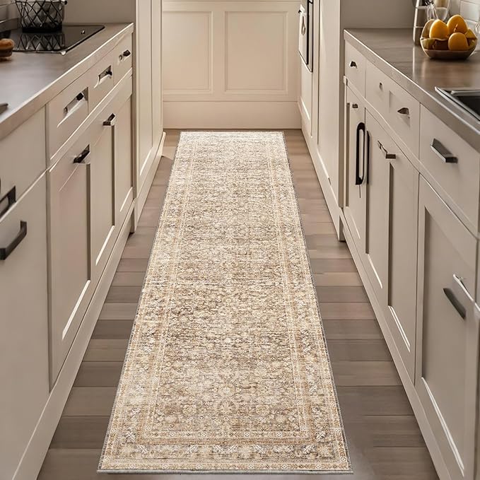 OPPODREAM Vintage Beige 2x8 Runner Rug, 2 x 8 Retro Washable Rug Non Slip, Low-Pile Faux Wool Carpet, Distressed Tan Floor Mat for Kitchen, Hallway, Entry-Way, Entrance, Indoor Back Door