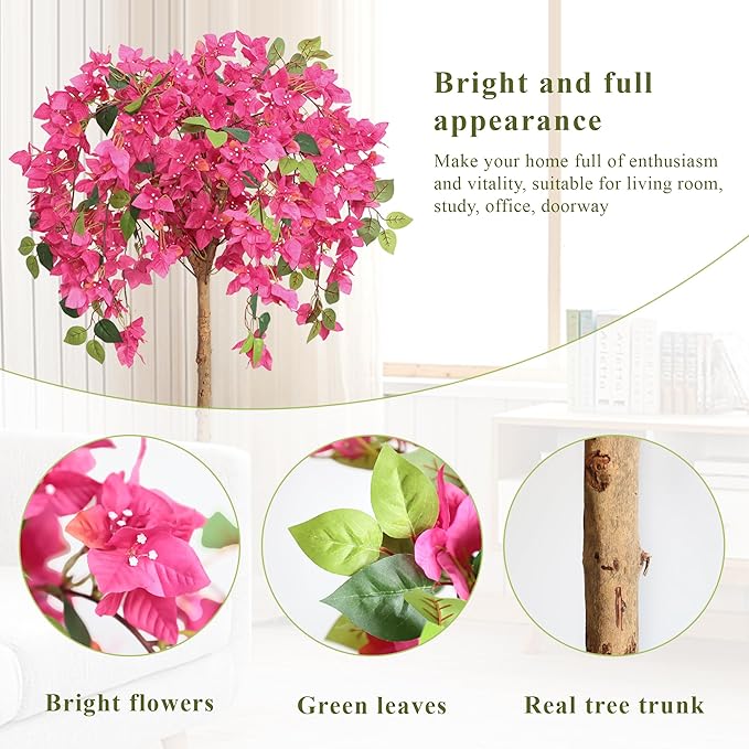 4 Feet Artificial Bougainvillea Trees, Fake Bougainvillea Pink Flowers Tree with Black Plastic Pot, Outdoor Faux Blooming Plants Potted 2 Packs for Decor Front Porch Indoor or Home Office (47 inch)