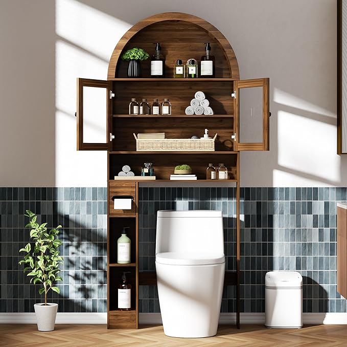 Arched Over The Toilet Storage Cabinet with Glass Doors, Above Toilet Bathroom Organizer, 4 Tier Bathroom Cabinet Shelves with Toilet Paper Holder, Mid Century Modern Storage Rack, Tall, Wide, Walnut