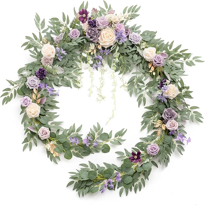 Ling's moment 9FT Flower Garland for Backdrop Decorations - Wedding Arch Flowers, Eucalyptus & Rose, Artificial Floral Garland for Mantel - Sweetheart Table Decor for Ceremony Reception, Lilac & Gold