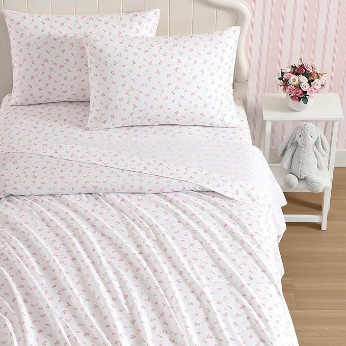 Laura Ashley Kids - Twin Sheet Set, Soft & Wrinkle-Resistant Toddler Bedding Set, Deep Pockets, Girl Bed Sheets with Matching Fitted Sheet & Pillowcase (Busy Bee Pink)