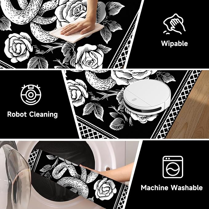 4'x6' Gothic Snake and Rose Area Rug Black and White Floral Vine Floor Mat Retro Boho Carpet Washable Low Pile Indoor Rugs for Entryway Bedroom Living Room Kitchen Home Decor