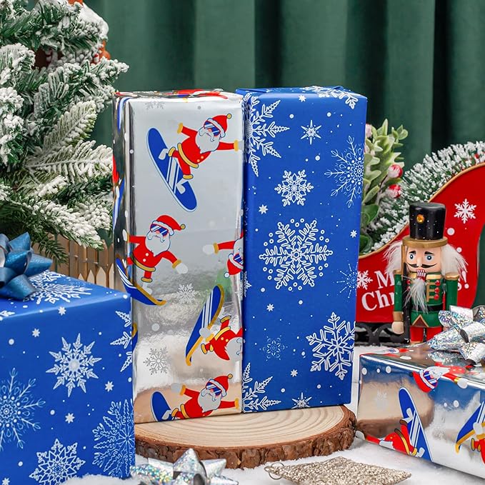 MAYPLUSS Reversible Christmas Wrapping Paper Roll - 17Inch X 33Feet - Funny Metallic Foil Athletic Santa Claus Skating Snow Pattern Winter Gift Wrap Paper for Christmas, Holiday, Party, Celebration