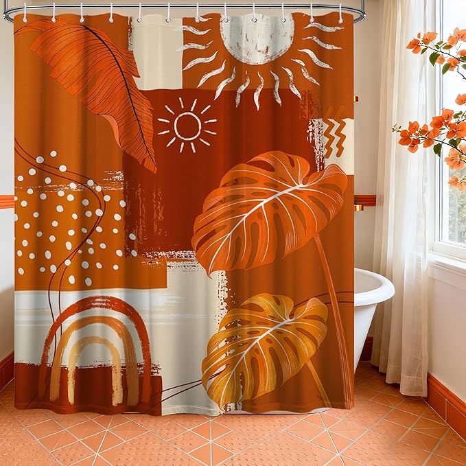 Shower Curtain, Burnt Orange, 70x72 Inch | Mid Century Modern, Bohemian Abstract Leaf, Waterproof Cloth Fabric, Includes Hooks